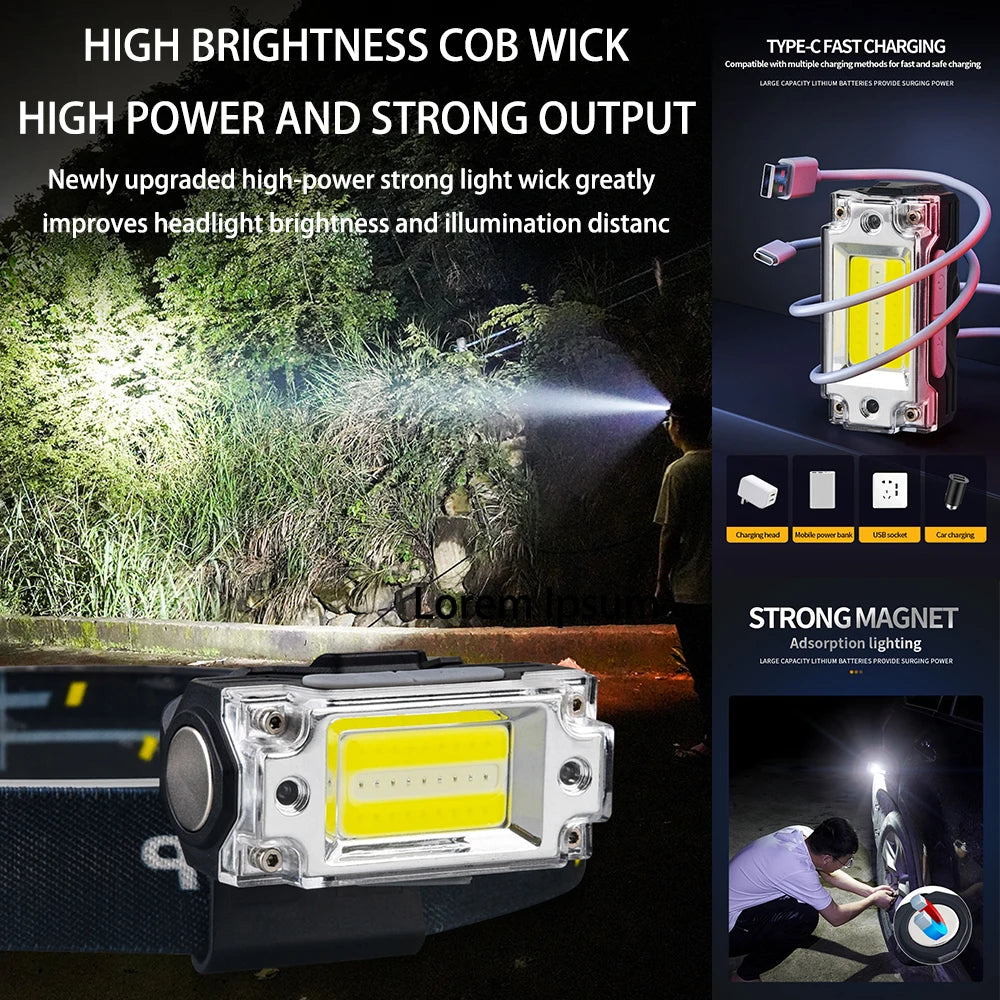 New LED Headlamp Induction Headlight USB Rechargeable Portable Head Flashlight Camping Fishing COB high magnetic outdoor headlig-WAYBIKER