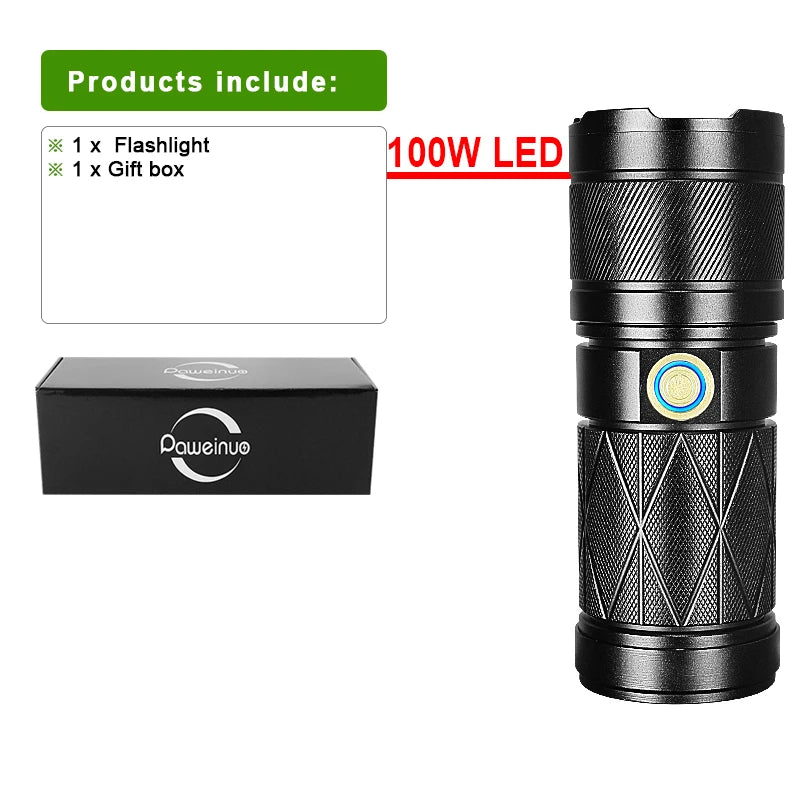 100W Powerful Flashlight With COB Light High Power Led Flashlights 7500mAh Powerful Torch Zoom 3000m Tactical Lantern Hand Lamp-WAYBIKER