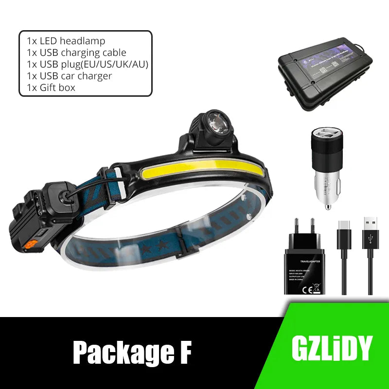IR Sensor COB Headlamp Powerful USB Lantern Lamp Waterproof LED Headlight Fishing Head Torch 6 Modes 2000mAh 18650 Flashlight-WAYBIKER