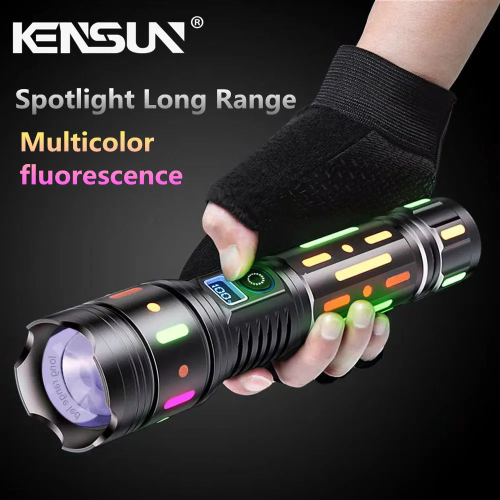 Powerful Bright Spotlight LED Flashlight With Fluorescent Absorbing Film Luminous Colorful Tactical Torch With Power Display-WAYBIKER