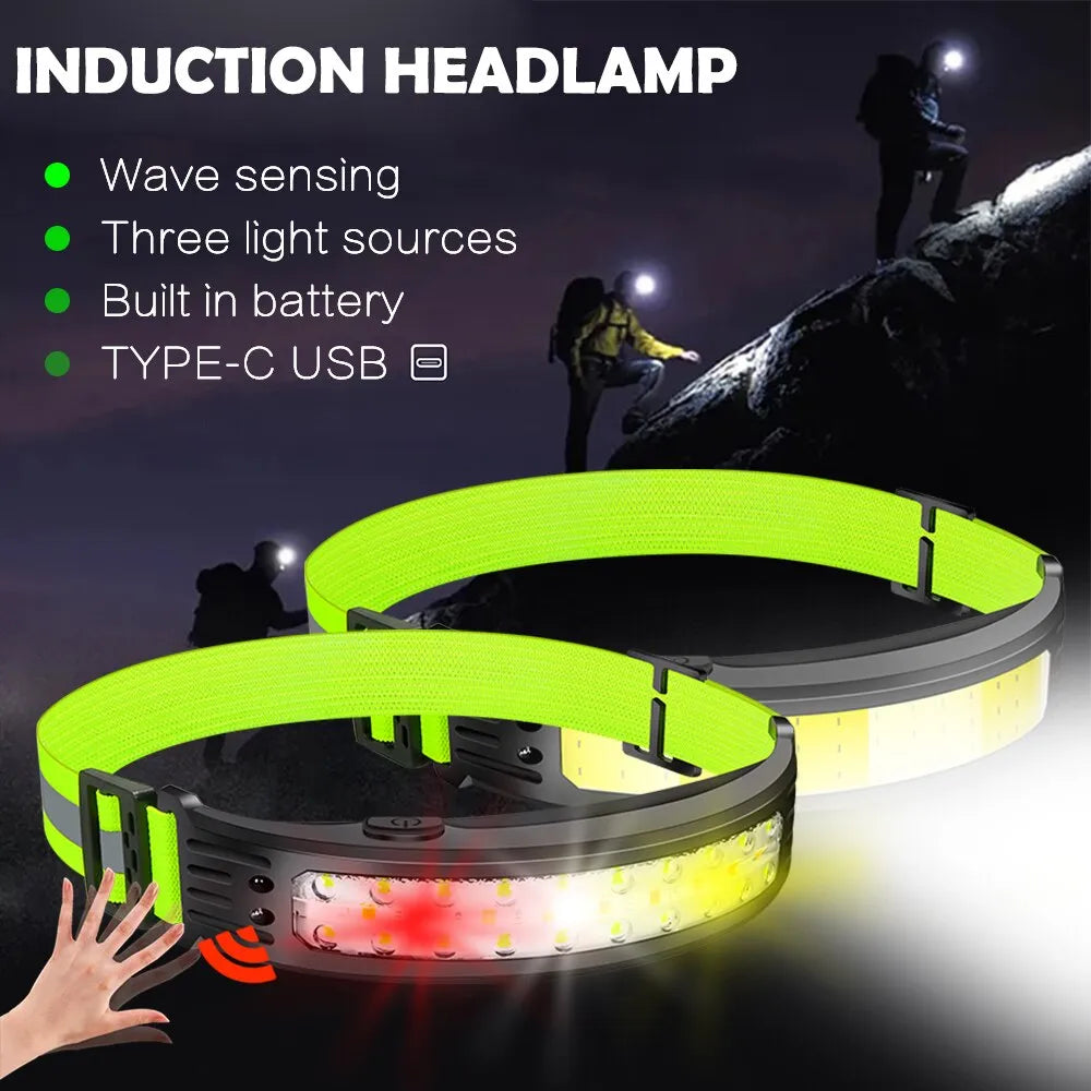 COB Sensor Headlight Built in Battery Fishing Headlamp Rechargeable 6 Modes Head Torch Outdoor Camping Flashlight-WAYBIKER