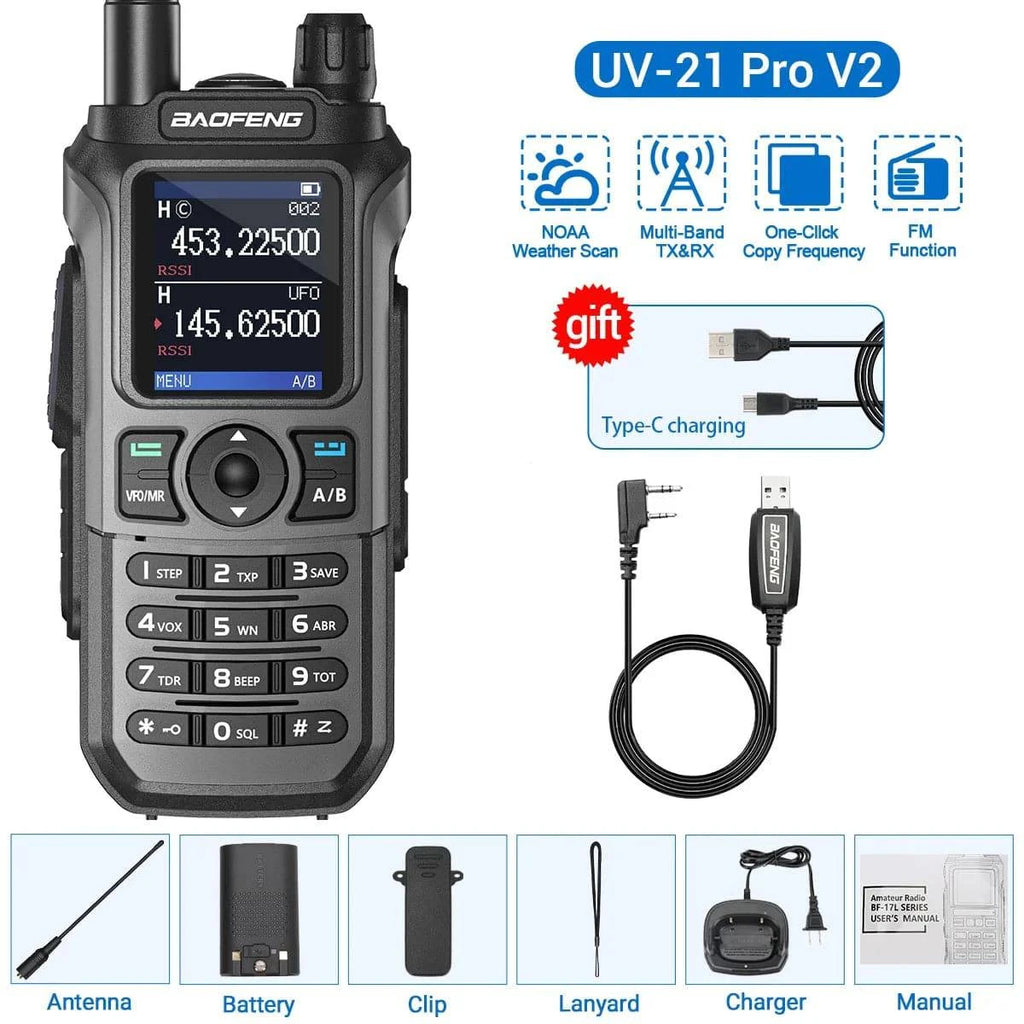 Baofeng UV-21 Pro V2 Wireless Copy Frequency Walkie Talkie Tri Band Waterproof 16 KM Long Range Type-C Charger UV 5R Ham Radio-WAYBIKER