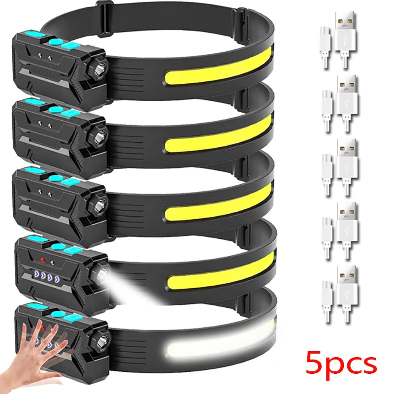 COB+XPE Induction Headlamp USB Rechargable LED Head Flashlight With 18650 Built-in Battery Camping Headlight Fishing Lantern-WAYBIKER