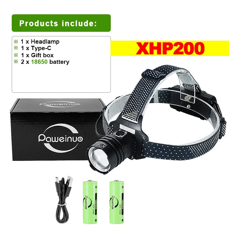 Newest XHP200 Super Powerful LED Headlamp USB Rechargeable Headlight 18650 Waterproof 3modes Head Lamp Zoomable Fishing Lantern-WAYBIKER