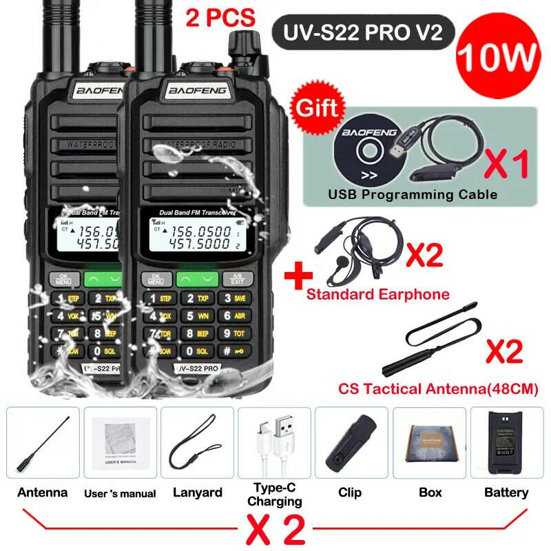 2pcs Baofeng Professional Walkie Talkie 10W Powerful UV S22 PRO IP68 Waterproof VHF UHF Dual Band Two Way CB Ham Radio For Hunt