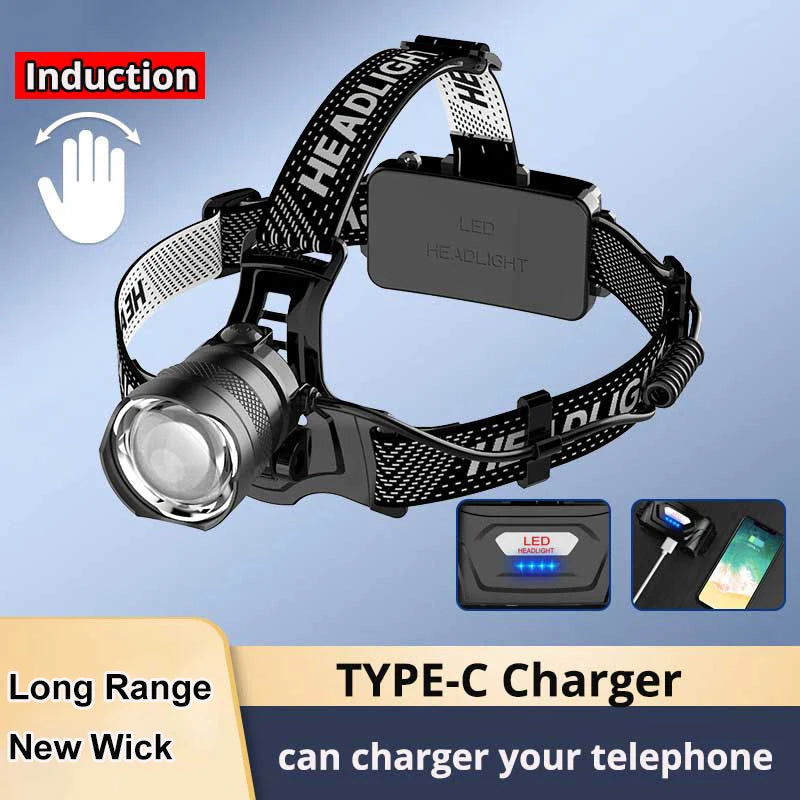 Most Powerful Long Range Led Sensor Headlamp XHP70 Headlight USB Rechargeable Flashlight Outdoor Head Lamps Fishing Light 1500M-WAYBIKER