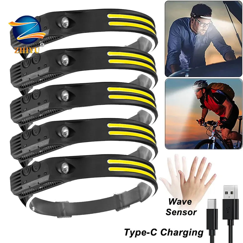 COB+XPE LED Headlamp Sensor Head Flashlight 350lm USB TYPE-C Rechargeable Headlight with Built-in 18650 Battery Front Lanterns-WAYBIKER