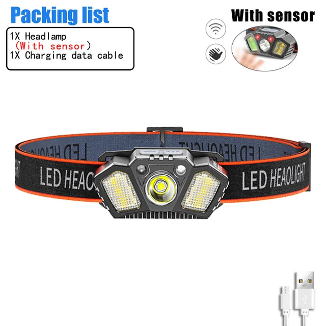 Rechargeable Headlamp Portable LED Headlamp Outdoor Fishing Flashlight Built-in Battery Wave Induction Motion Sensor Headlight-WAYBIKER