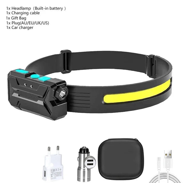 COB+XPE Induction Headlamp USB Rechargable LED Head Flashlight With 18650 Built-in Battery Camping Headlight Fishing Lantern-WAYBIKER