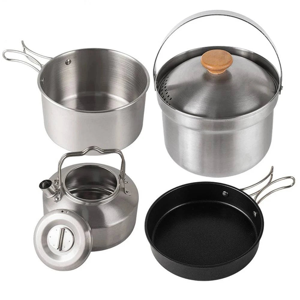 Camping Hiking Cookware Set Outdoor Portable Picnic Tableware Kit Stainless Steel Pot Frying Pan Kettle Set For Outdoor Cooking-WAYBIKER
