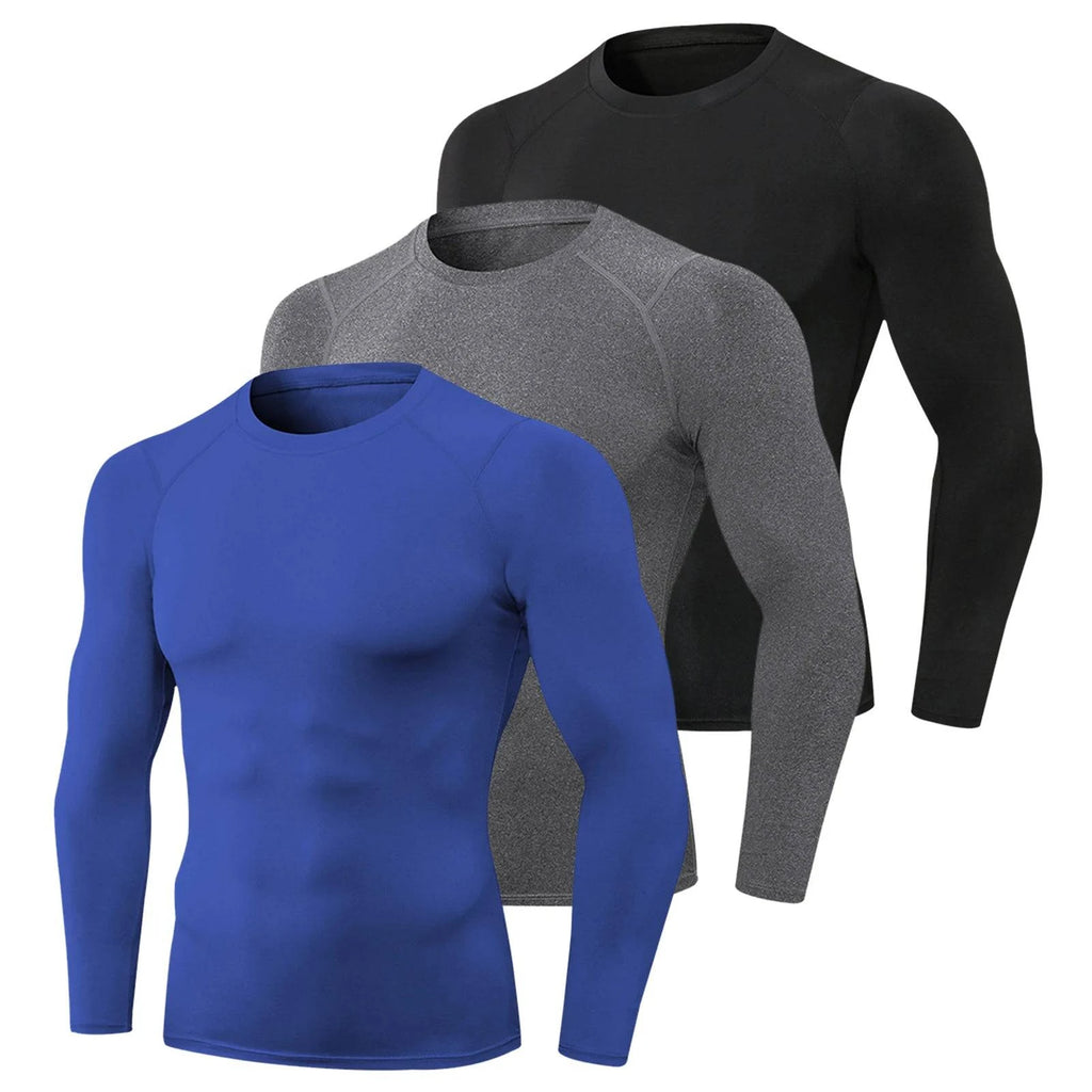 3pcs Men's Athletic Long Sleeve Compre ssion Shirts Quick Dry Workout T-Shirt Running Tops-WAYBIKER