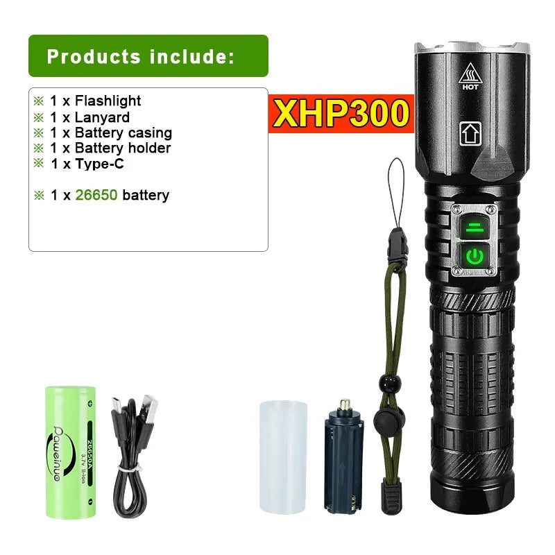 Super XHP300 Most Powerful LED Flashlight USB Rechargeable Torch XHP100 Tactical High Power Led Flashlight 18650 Hand Lamp Light-WAYBIKER