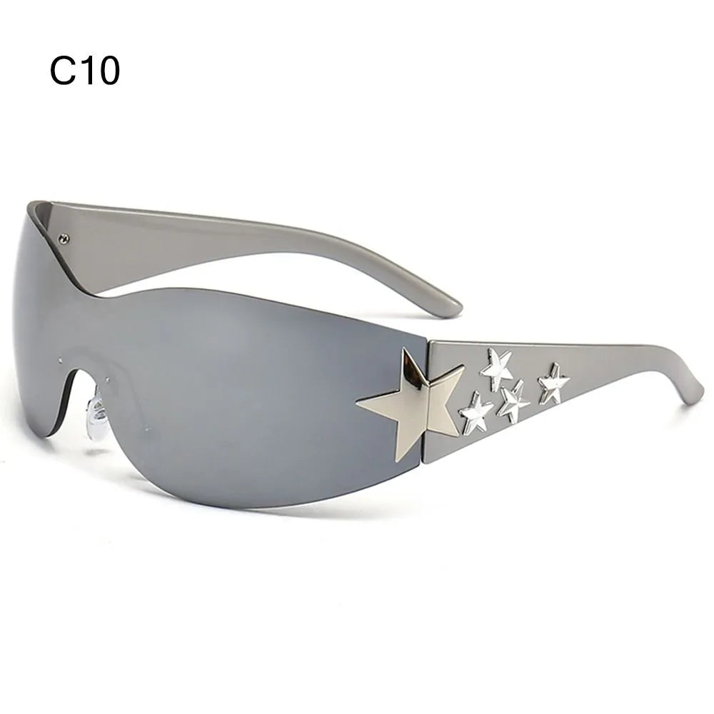 Star Wrap Around Sun Glasses Rimless Y2K Sunglasses for Women and Men Cool Black Sunglasses Shades for Beach-WAYBIKER