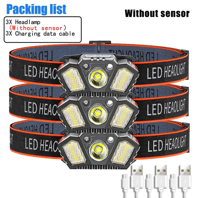 Super Bright LED Sensor Headlamp USB Rechargeable With Red Caution Light 5 Modes Outdoor Fishing Camping Hiking Head Flashlight-WAYBIKER