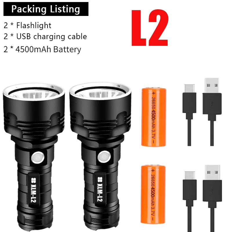 Super Bright L2 P70 LED Flashlight High Power Built-in 26650 Battery USB Rechargeable Aluminum Alloy Waterproof  Torch-WAYBIKER