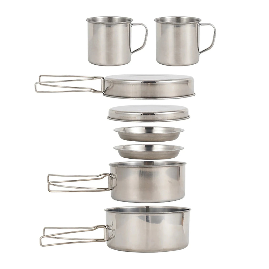 8pcs/Set Camping Cookware Mess Kit Stainless Steel Cooking Pot and Pan Set with Plates Cups for Outdoor Hiking Backpacking-WAYBIKER