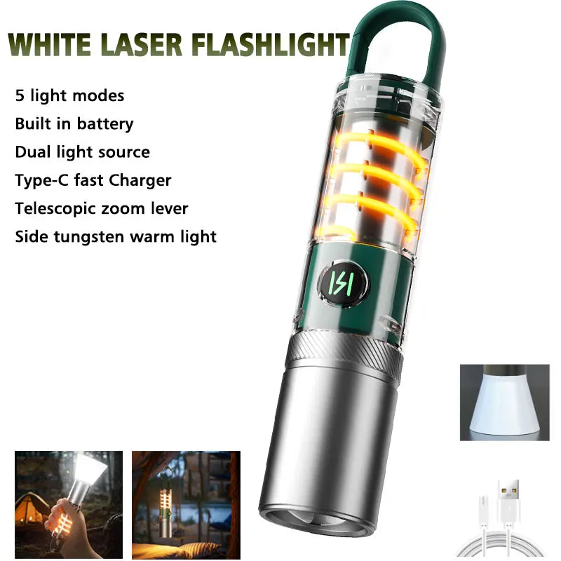 White Laser Flashlight Internal 18650 Rechargeable Torch 5Modes Zoom Hook Hanging Side Tungsten Wire Camping Lamp with Lampshade-WAYBIKER