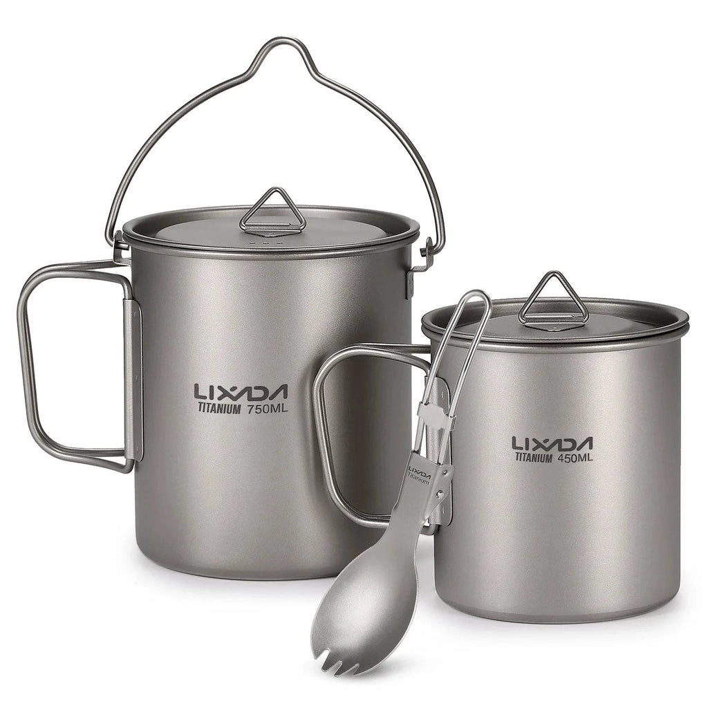Lixada 1pc/3pcs Lightweight Titanium 750ml Pot or 350ml Water Cup Mug with Lid Collapsible Handle for Outdoor Camping-WAYBIKER
