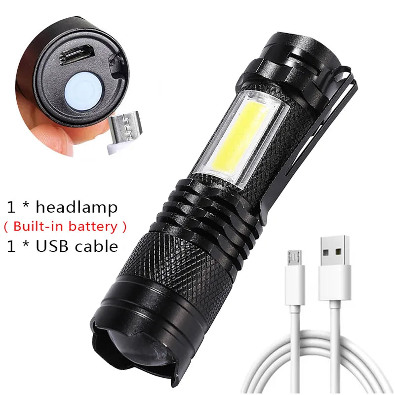 Mini Portable Q5 Led  Flashlight Built In Battery Zoom Torch COB Lamp 2000 Lumens Adjustable Pen Light Waterproof for Outdoor-WAYBIKER