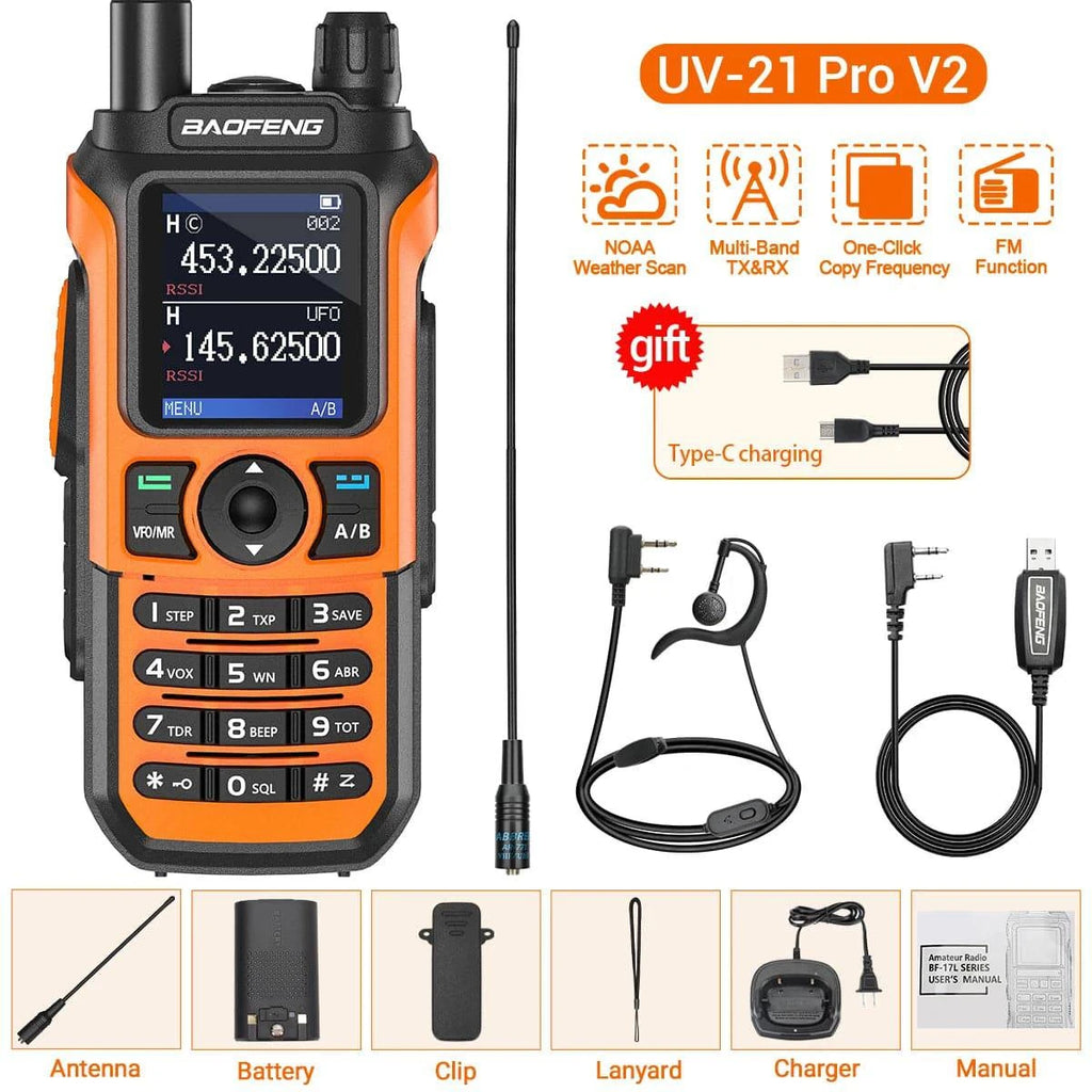 Baofeng UV-21 Pro V2 Walkie Talkie Wireless Copy Frequency Type-C Charger Long Range Waterproof Flashlight UV-5R Ham Radio-WAYBIKER