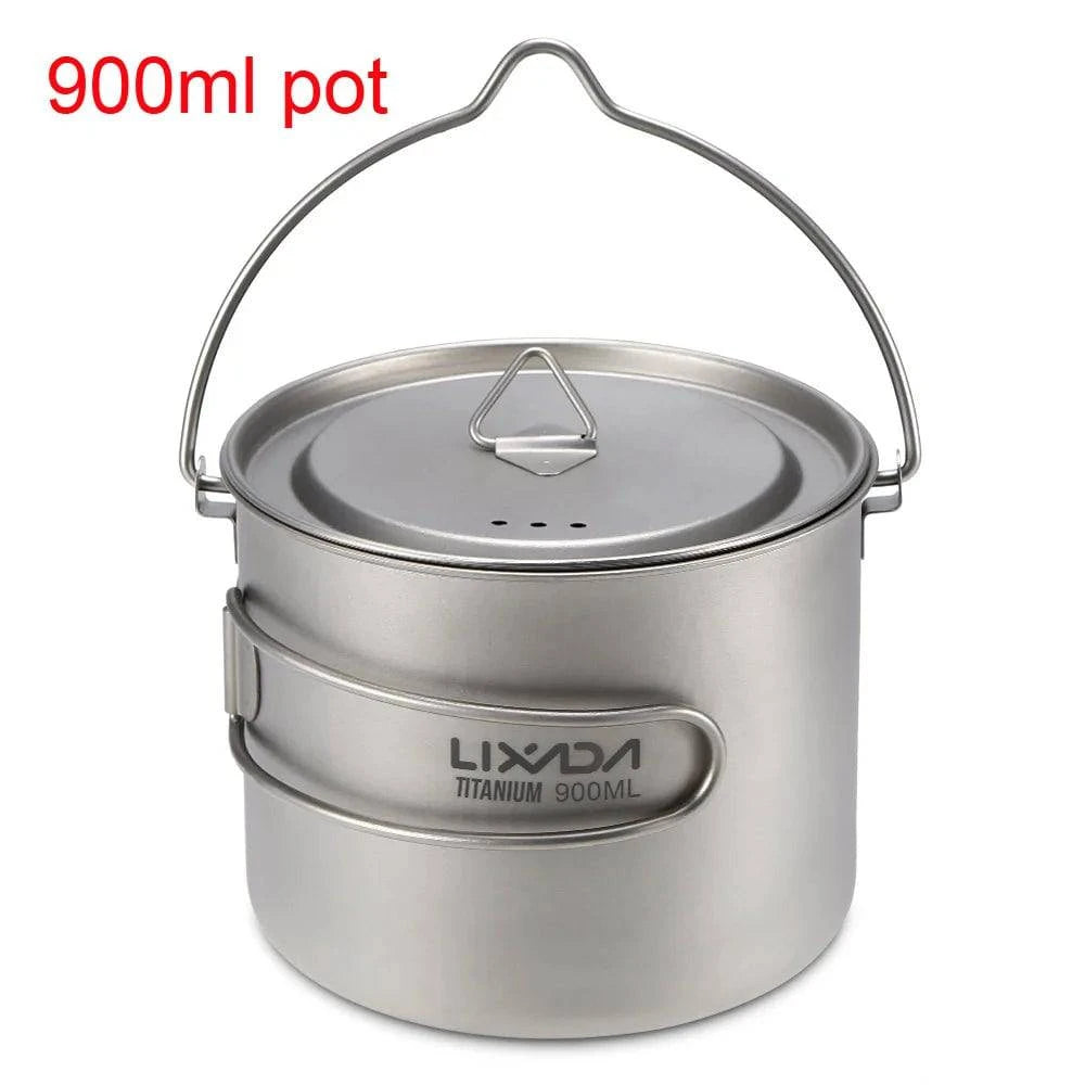 900ml/1600ml Titanium Pot Cup Hanging Camping Pot Portable Water Cup with Lid Foldable Handle Outdoor Tableware Picnic Cookware-WAYBIKER