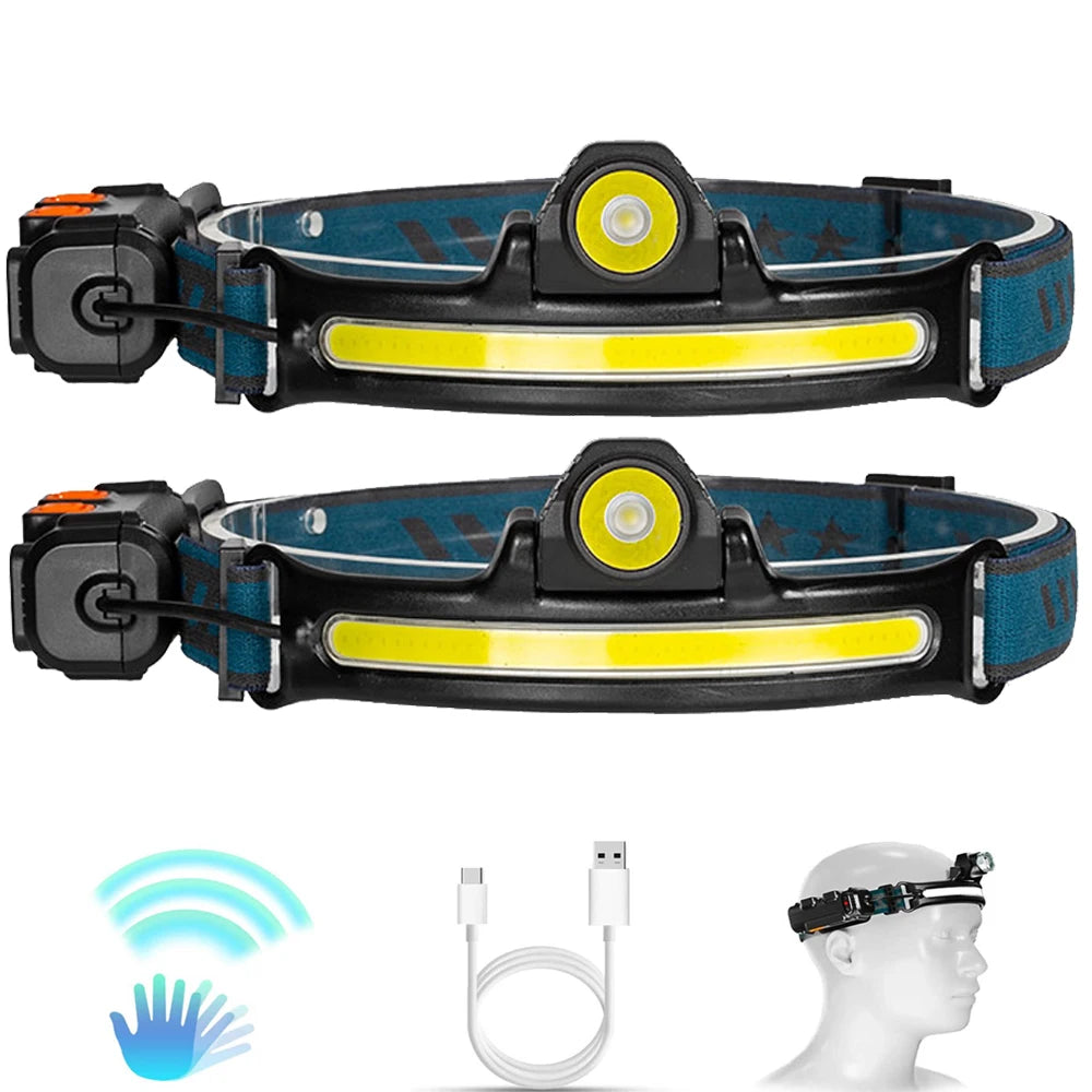 USB Rechargeable Induction Headlamp XPG+COB LED Head Lamp with Built-in Battery Flashlight Multi-function 6 Modes Head Torch-WAYBIKER