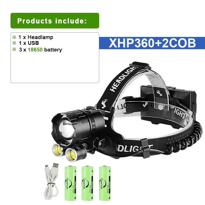 Super XHP360 2COB Powerful Headlamp Rechargeable Head Flashlight High Power Head Lamps Led Headlight 18650 Fishing Lantern-WAYBIKER