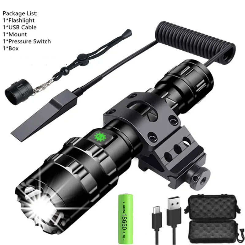 LED Tactical Hunting Flashlight USB Rechargeable Waterproof Torch Lamp Professional Shooting Night Scout Lights Set-WAYBIKER