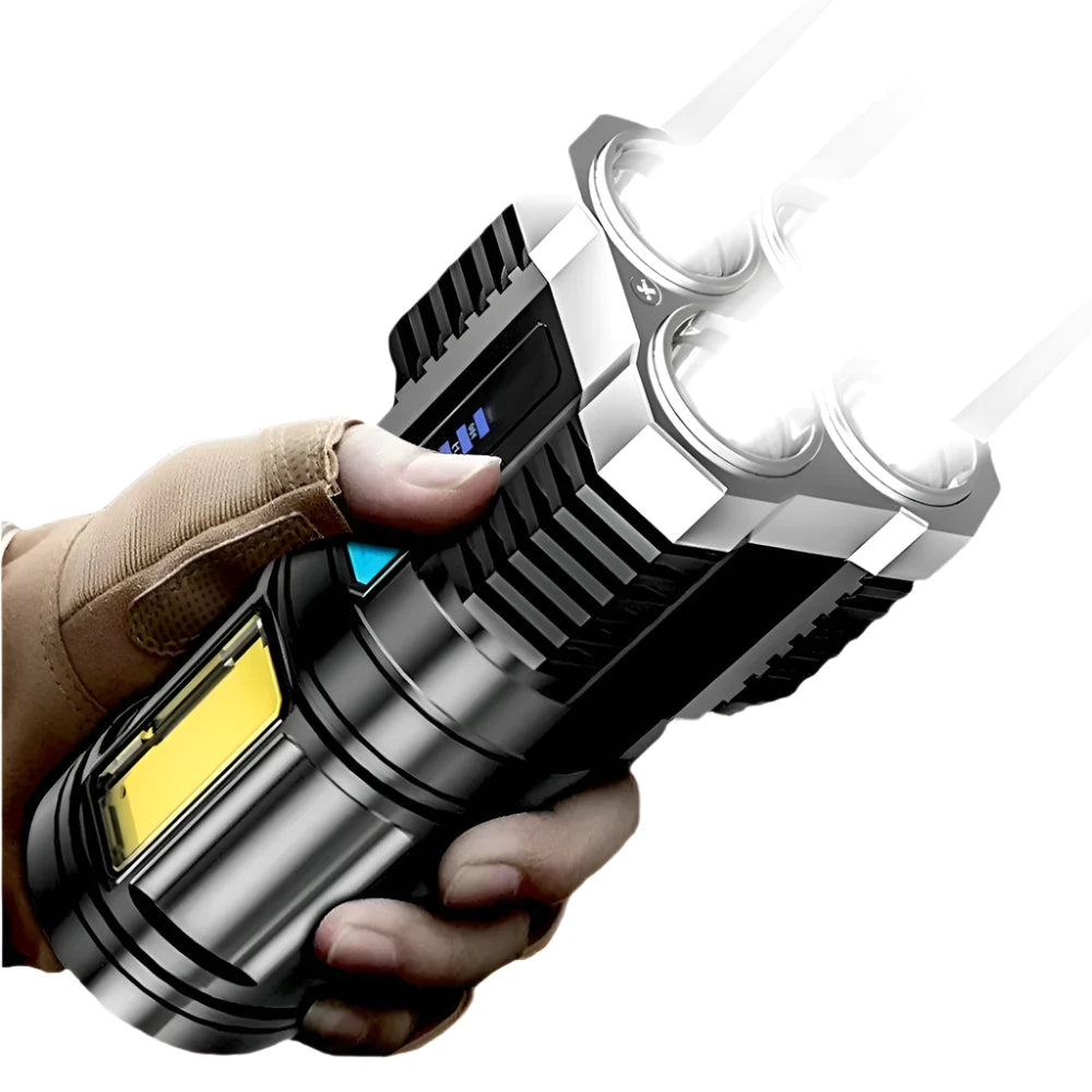Portable Bright Flashlight 4 LED Heads Torches Camping Light Lamp USB Rechargeable with Power Display and COB Side Floodlights-WAYBIKER