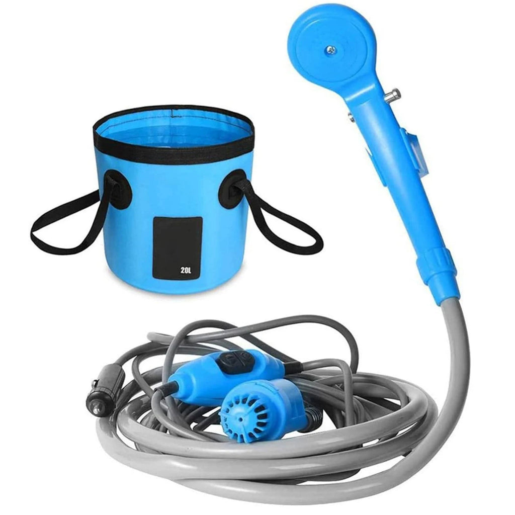 Portable Camping Shower Outdoor 12V Shower Pump with 20L Collapsible Bucket for Camping Hiking Backpacking Beach Bath Flowering-WAYBIKER