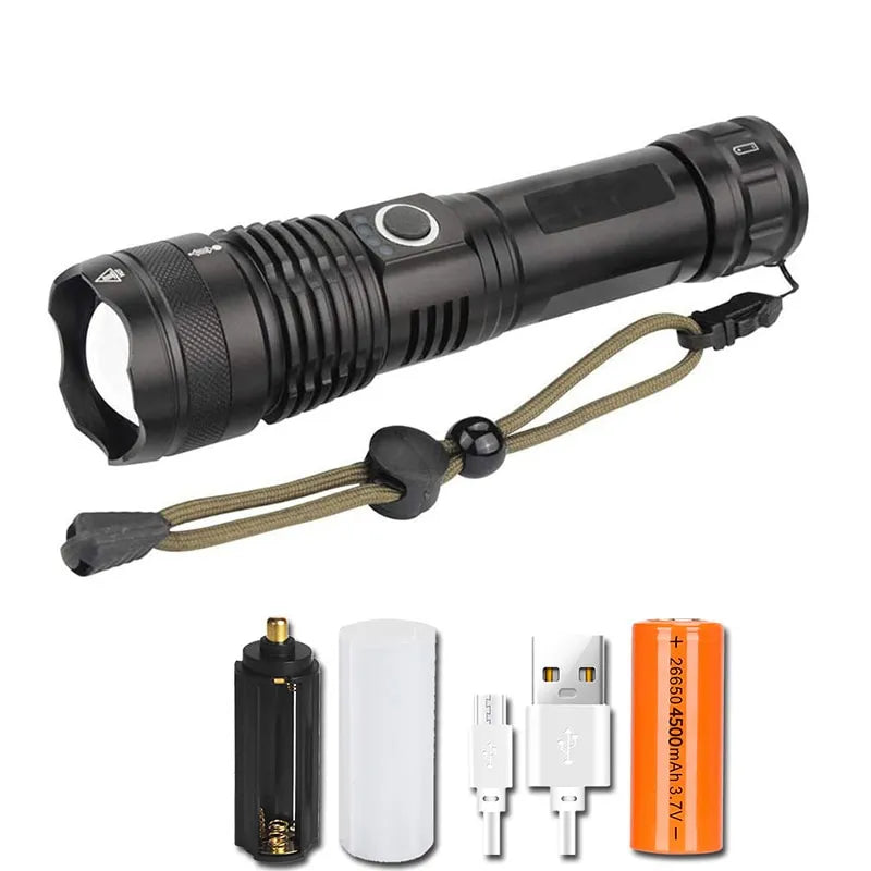 Powerful XHP70 LED Flashlight 5 Modes USB Rechargeable Zoom Torch Lantern 26650 Battery Camping Outdoor Emergency Light