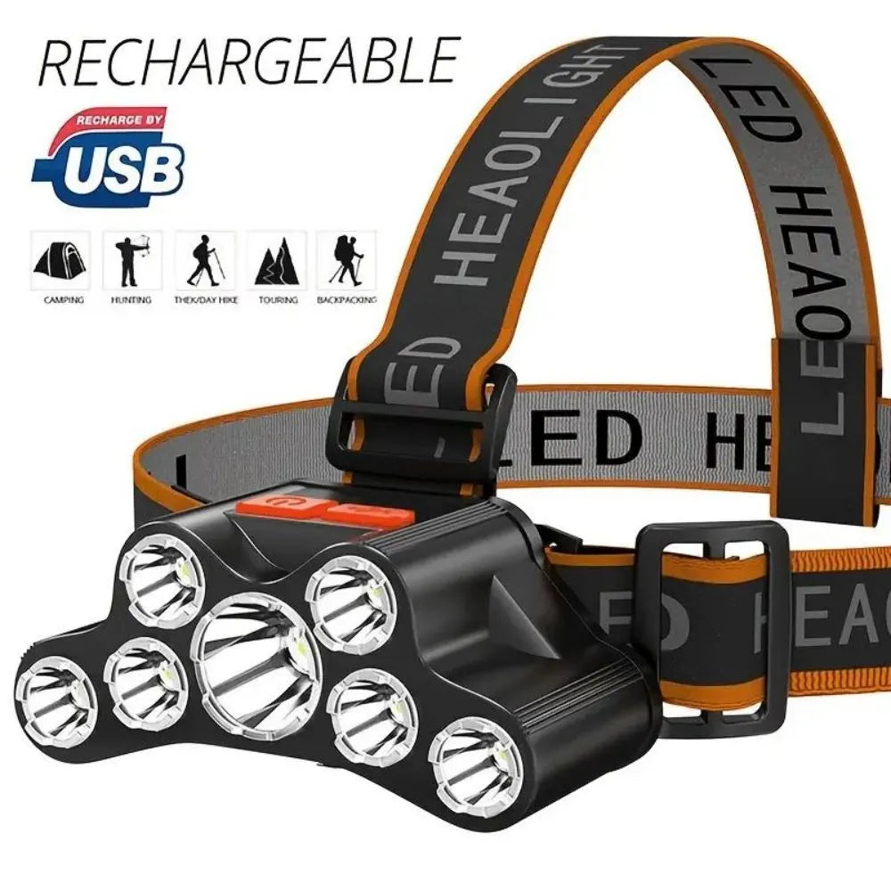 7LD Headlamp USB Rechargeable Waterproof Adjustable 4Modes Head-Mounted Flashlight  Outdoor Camping Running Hiking Working-WAYBIKER