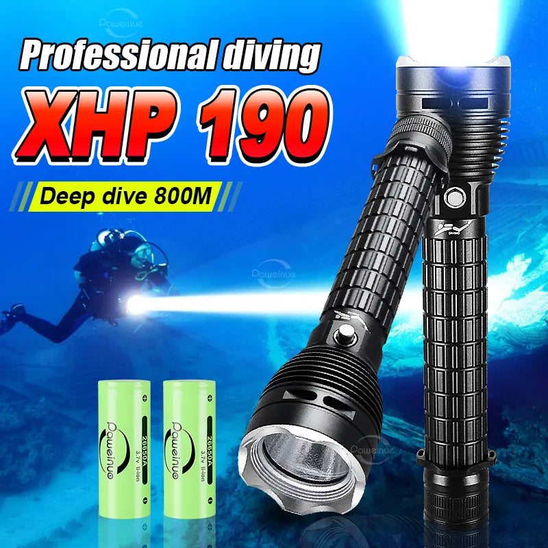Newest XHP190 Professional Diving Flashlight IPX8 Underwater Lamp High Power LED Flashlights Powerful Scuba Diving Torch Lantern-WAYBIKER