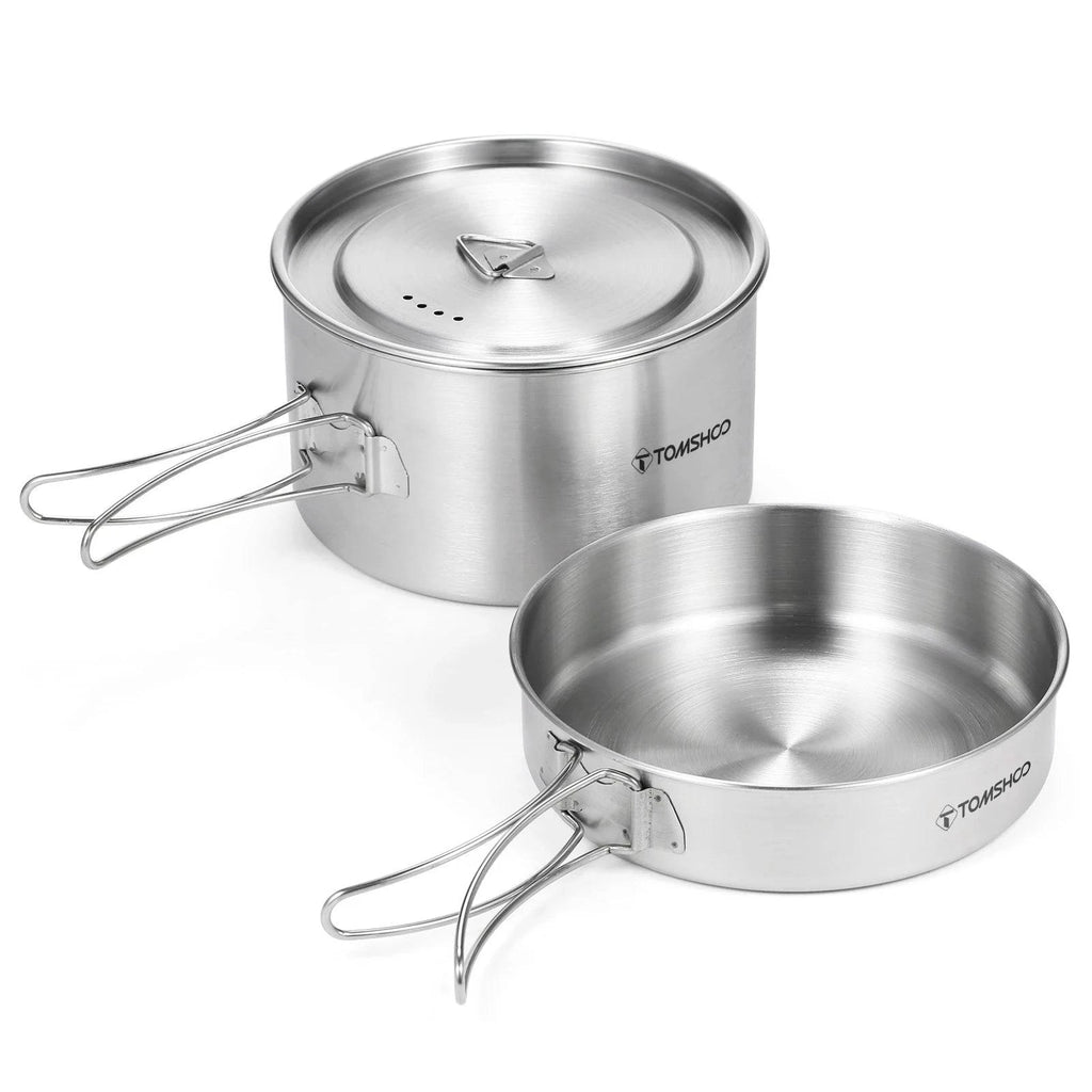 TOMSHOO 2pcs Camping Cookware Set Stainless Steel Pot Pan Cooking Set with Foldable Handles Mesh Carry Bag for Hiking-WAYBIKER