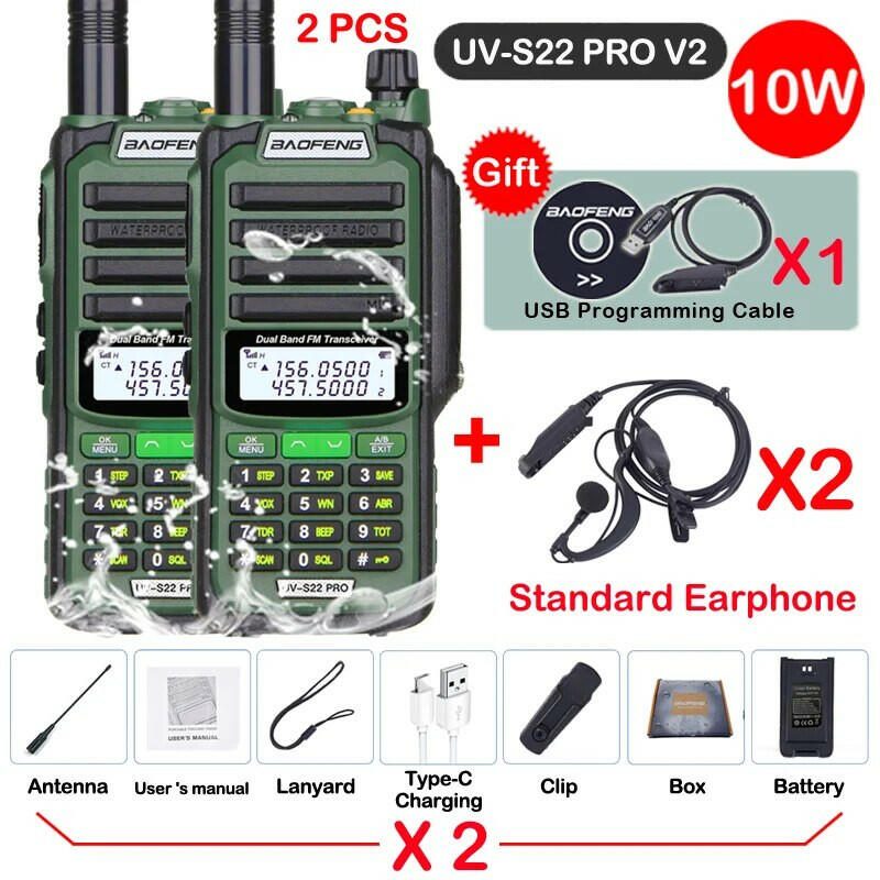 2pcs Baofeng Professional Walkie Talkie 10W Powerful UV S22 PRO IP68 Waterproof VHF UHF Dual Band Two Way CB Ham Radio For Hunt