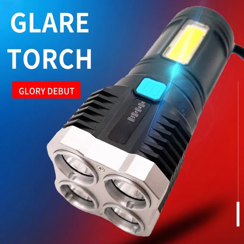 Spotlight Four Eye Strong Light Flashlight USB Rechargeable Flashlight Portable Spotlight Long Range Shot Cob Flashlight-WAYBIKER