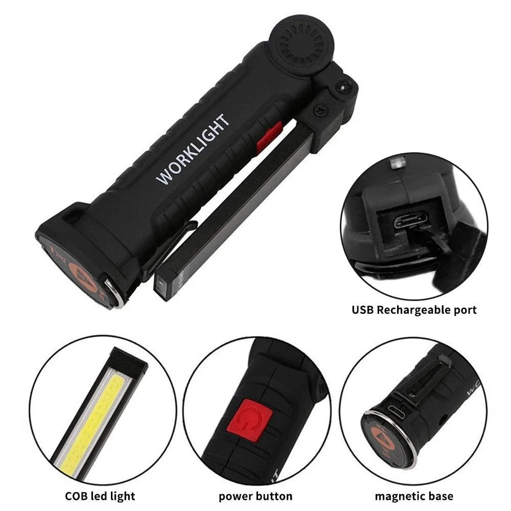 COB USB Rechargeable Handheld Torch Rotating Foldable Flashlight 5 Mode LEDs Work Light with Magnetics Base for Outdoor Camping-WAYBIKER