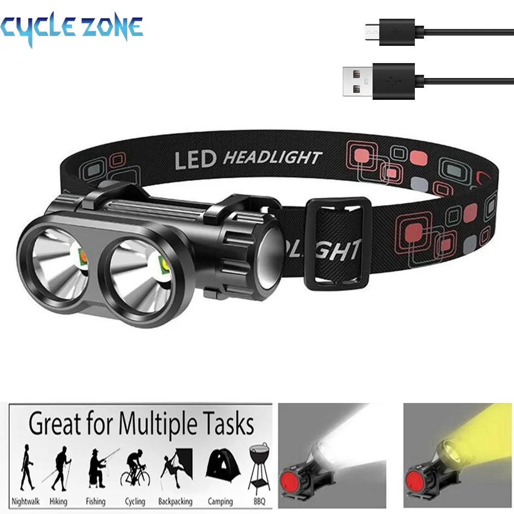Rechargeable Headlight COB Headlamp Head-mounted Flashlight LED Fishing Waterproof Head Light with Built-in Battery 2 Mode Torch-WAYBIKER