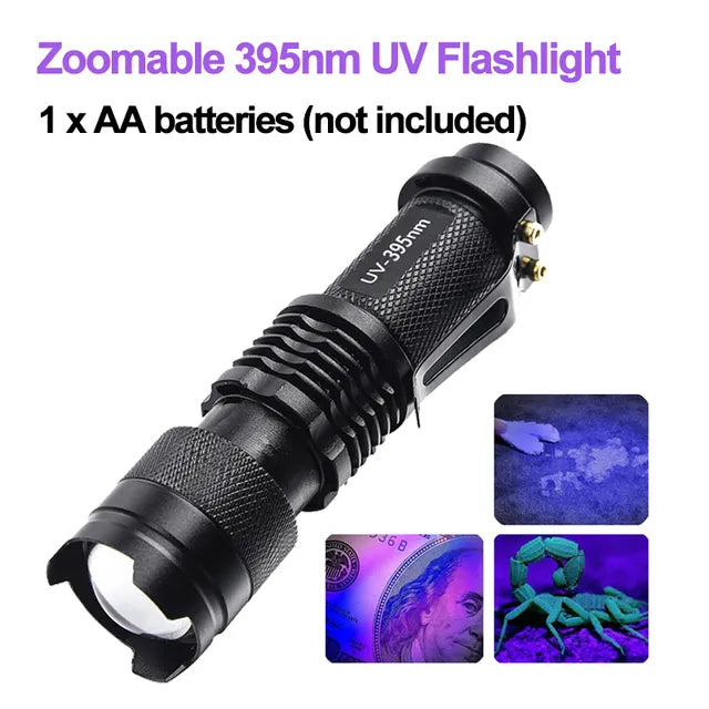 LED UV Flashlight 365/395nm Portable Mini Ultraviolet Torch Waterproof Zoomable Violet Light Pet Urine Scorpion Detector UV Lamp-WAYBIKER