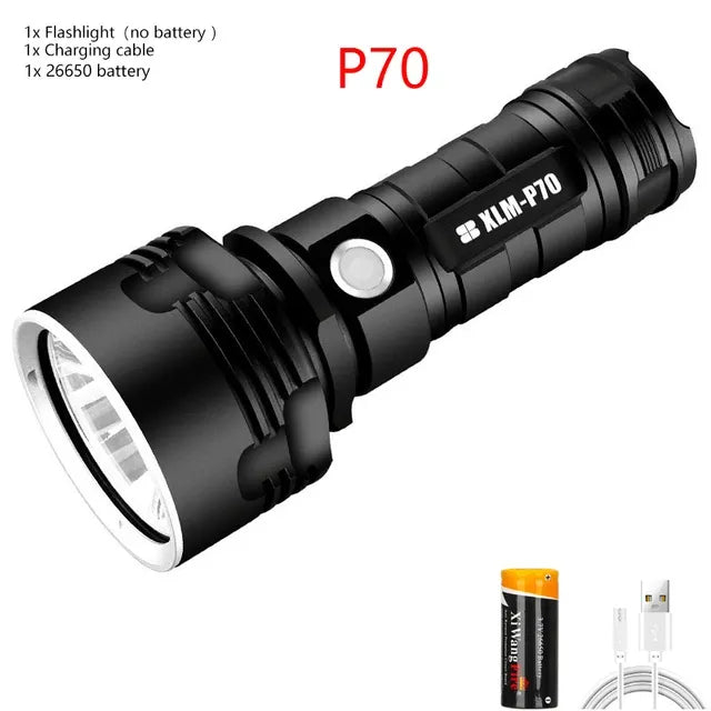 Super Bright L2 P70 LED Flashlight High Power Built-in 26650 Battery USB Rechargeable Aluminum Alloy Waterproof  Torch-WAYBIKER