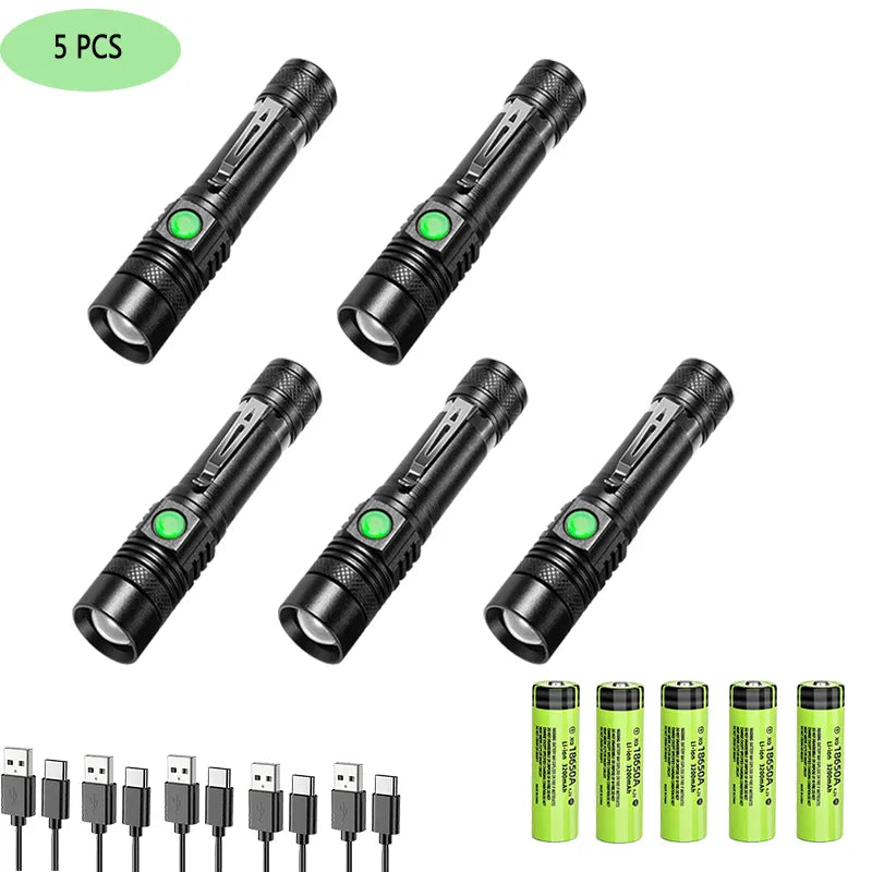 Super Bright T6 LED Lamp Beads Flashlight External 18650 Battery Flash Light  Waterproof Torch Zoom 3 Lighting Modes USB Charger-WAYBIKER