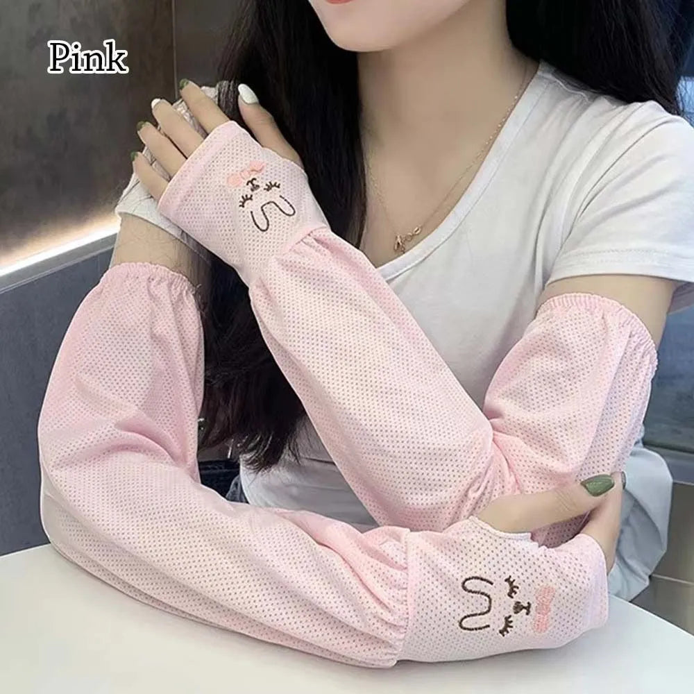 Ice Silk Sun Protection Arm Covers Women Cute Rabbit Elbow Cover Outdoor Cycling Running Driving Cool Anti-UV Arm Sleeves-WAYBIKER