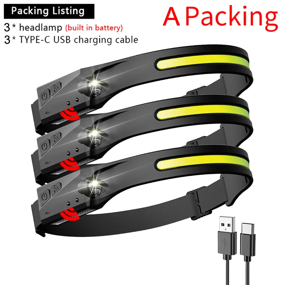 LED Induction Headlamp COB Headlight Built-in 1200mAh Lithium Battery Rechargeable Portable 5 Modes Warning Head Torch-WAYBIKER