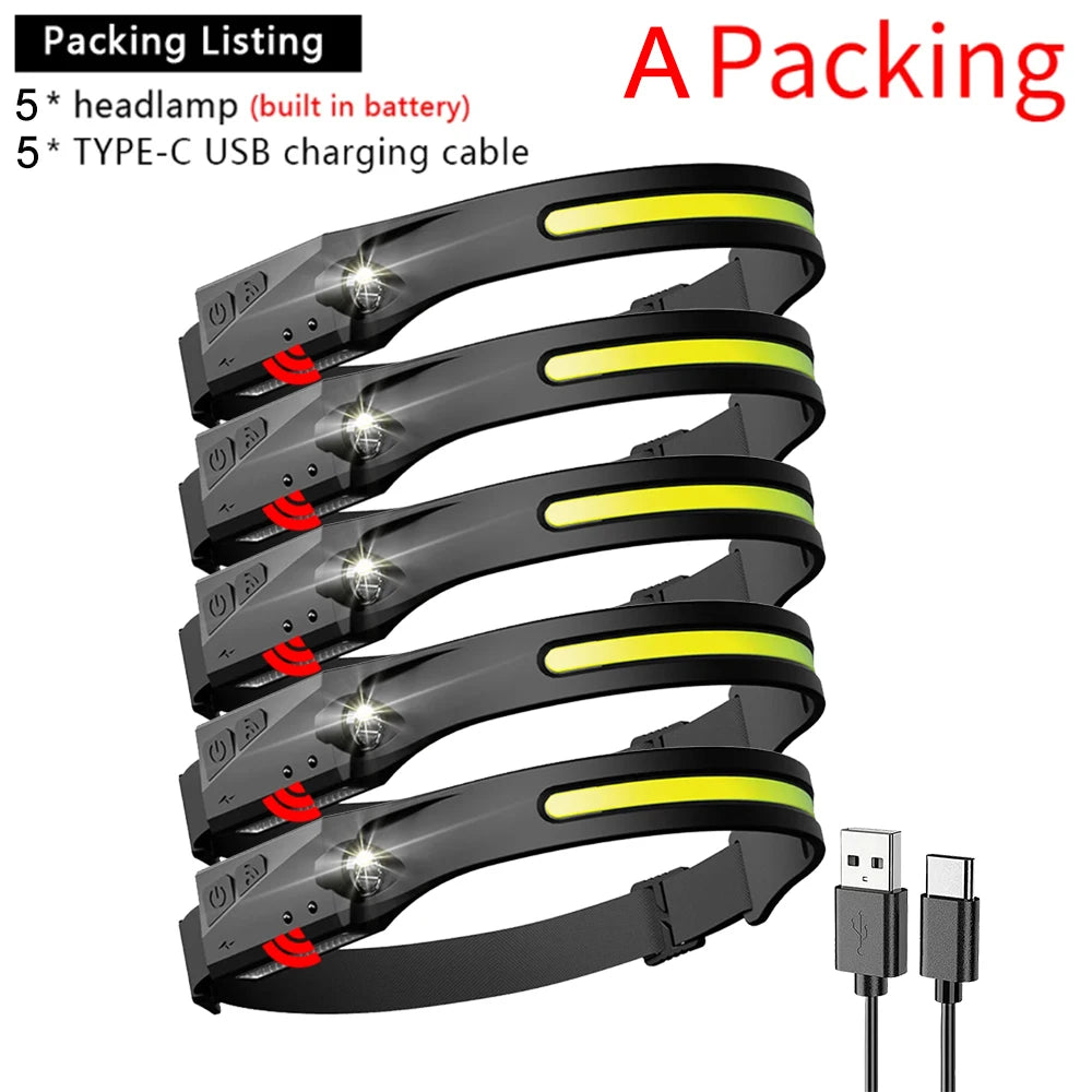 LED Induction Headlamp COB Headlight Built-in 1200mAh Lithium Battery Rechargeable Portable 5 Modes Warning Head Torch-WAYBIKER