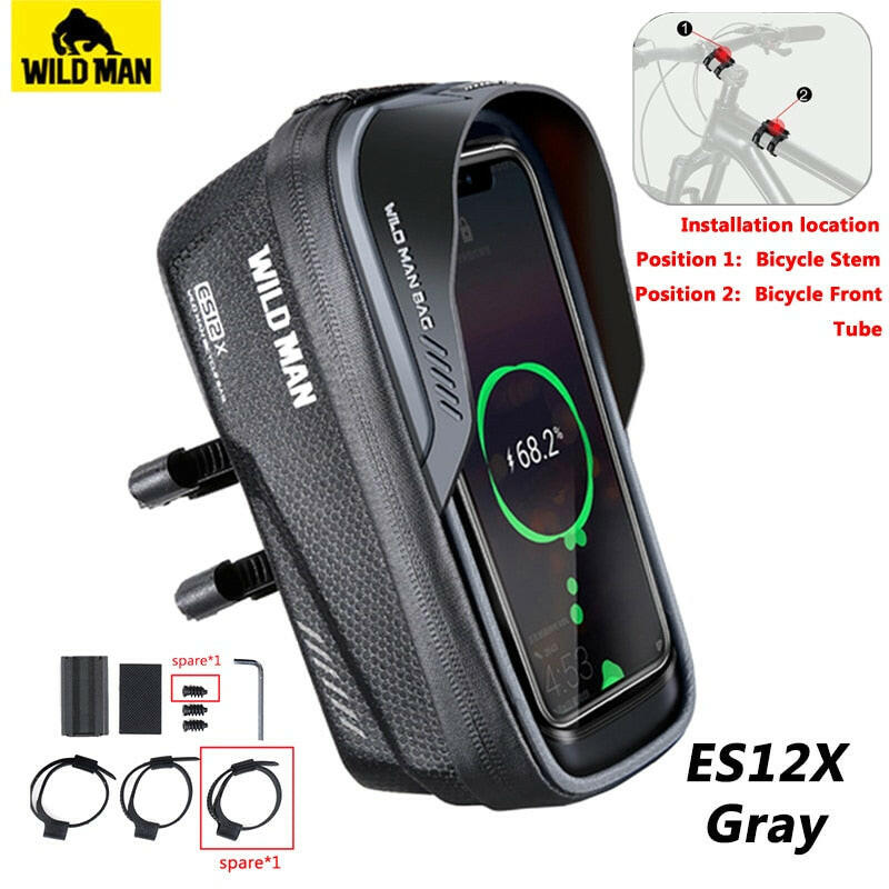 Wild Man Bicycle Bag Front Frame 1L Waterproof Cycling Front Tube Bag Phone Case Holder 6.8 Inch Touchscreen Bike Stem Bag-WAYBIKER