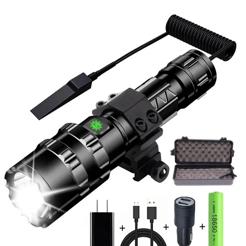 LED Tactical Hunting Flashlight USB Rechargeable Waterproof Torch Lamp Professional Shooting Night Scout Lights Set-WAYBIKER
