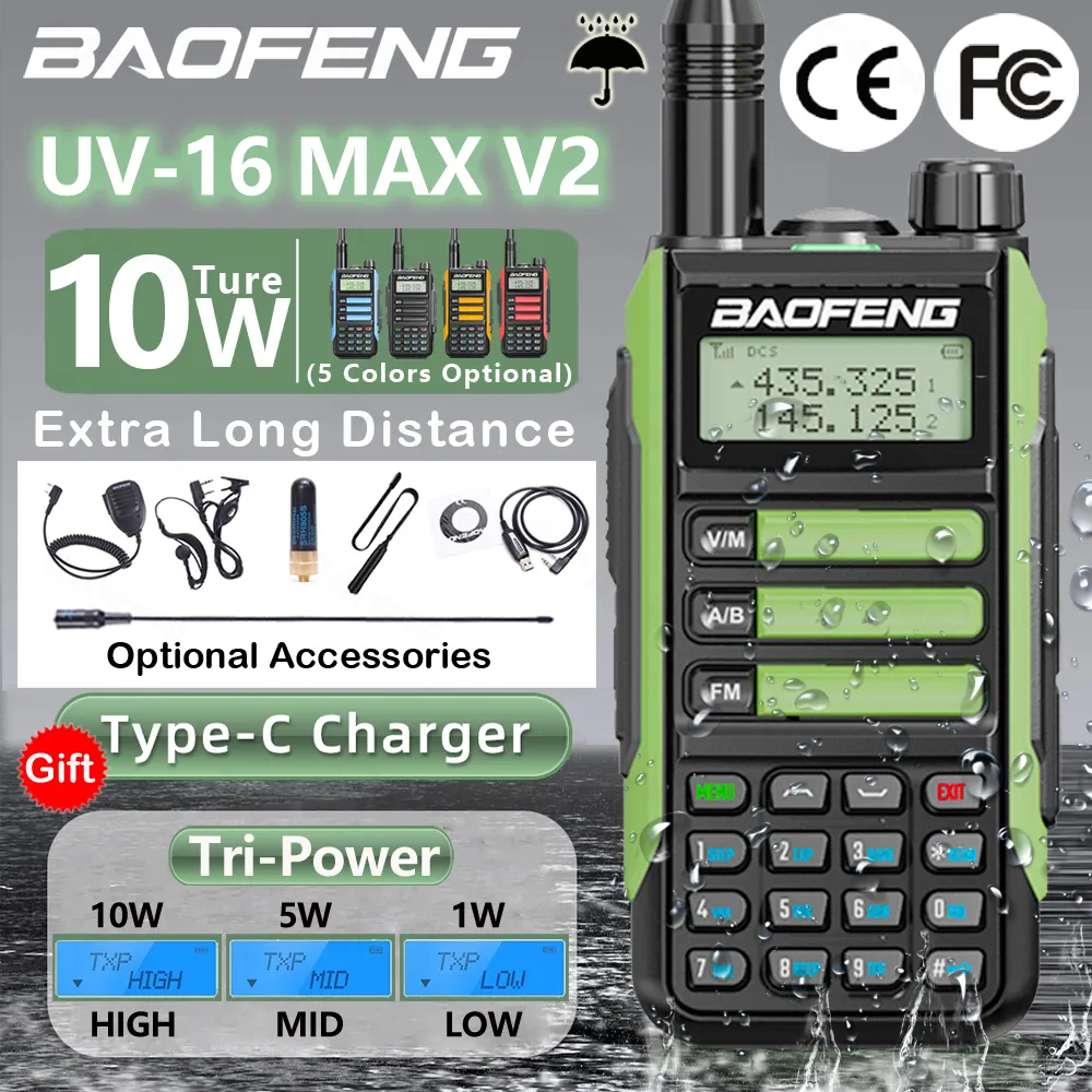 2023 Baofeng UV-16 MAX Walkie Talkie 10 KM Military 10W Powerful Waterproof VHF UHF CB Ham Dual Band Two Way Radio USB-C Charger