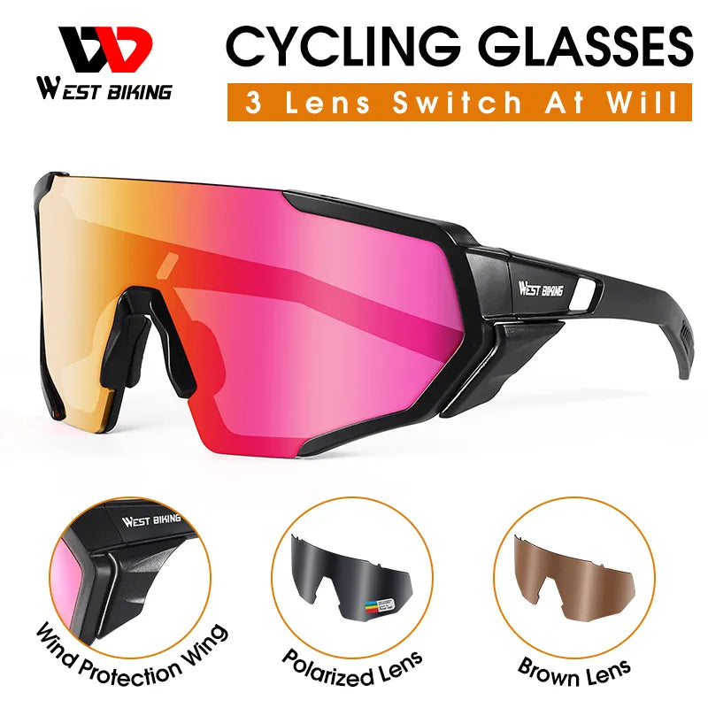 WEST BIKING Polarized Cycling Sunlasses 3 Lens UV400 Windproof Sport Glasses Men Women MTB Road Bike Eyewear Cycling Goggles-WAYBIKER