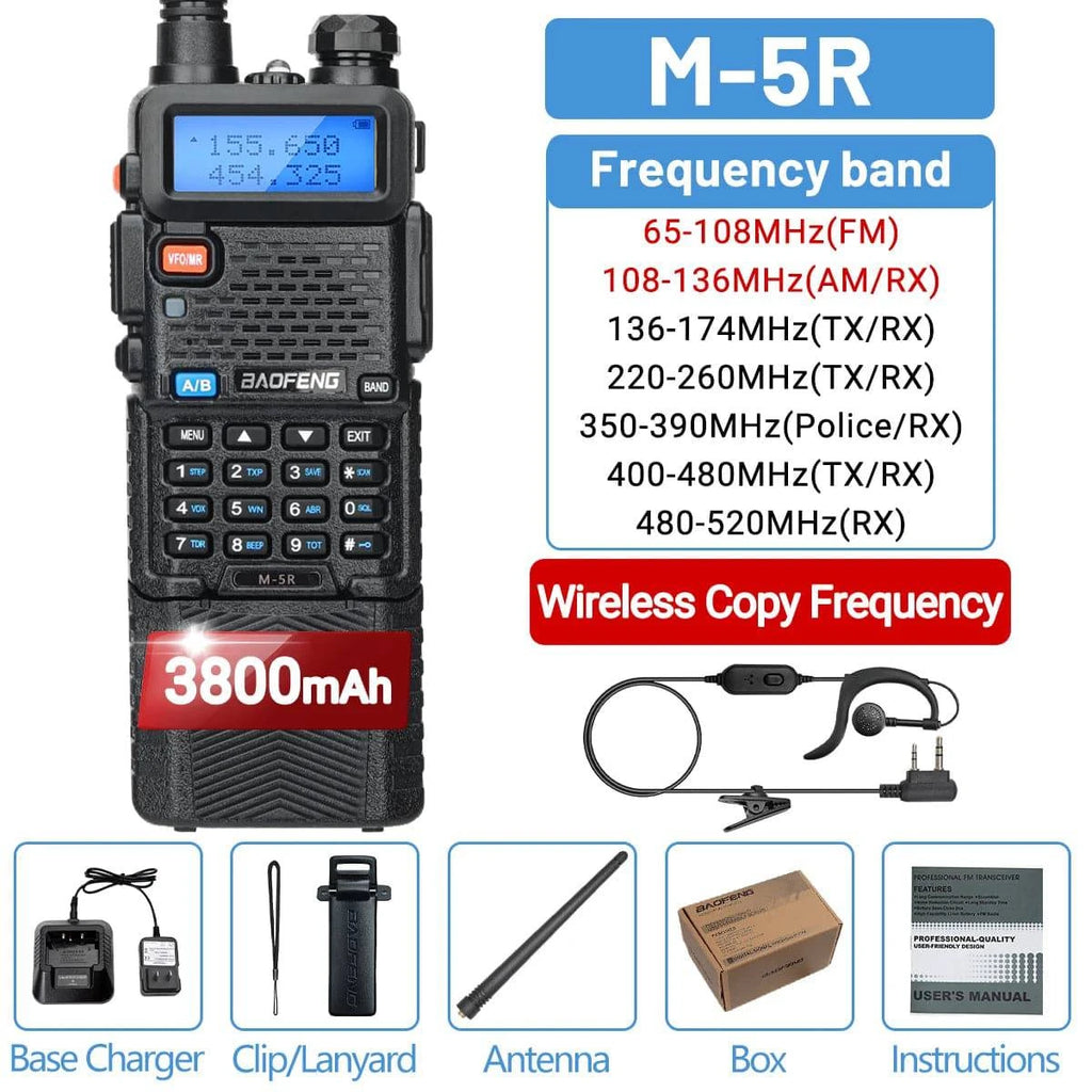 Baofeng M-5R Air Band Walkie Talkie 3800mAh Battery Wireless Copy Frequency Long Range AM commutator Ham UV-5R K5 Two Way Radio-WAYBIKER