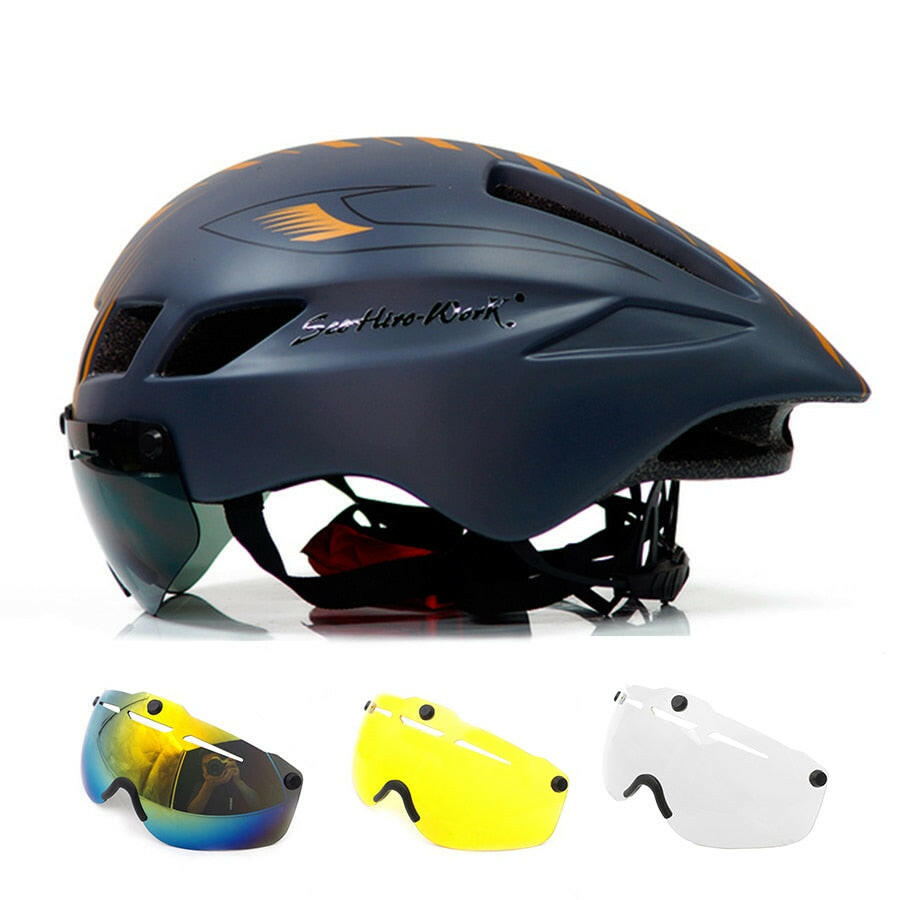 New Bicycle Helmet With Glasses 4 Lens Colors Ultralight MTB Road Bike Helmet 57-61cm Adults Goggleses Casco Ciclismo Black Blue-WAYBIKER